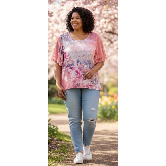 Rebecca Malone Women 2x Pink/ Purple Floral Sheer Flutter Sleeve Comfort Top - Picture 2 of 7